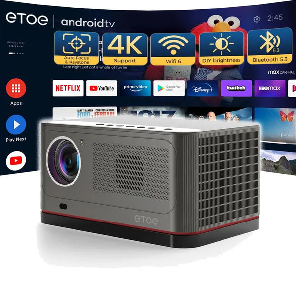 ETOE Whale Pro TV Projector – Android System, 1080P Resolution, 1500 ANSI Lumens, 4K Compatible, Auto - Focus, 2 x 10W Speakers, Dual - Band Wi - Fi, + Free Gift - ETOE Projector