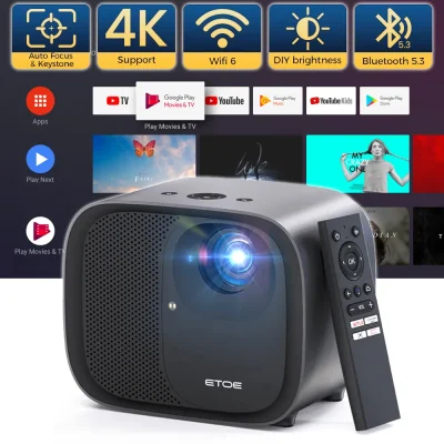 ETOE E3 Pro Android TV Projector – Full HD 1080P, 600 ANSI Lumens, Dolby Audio, Auto Focus, Bluetooth, Wi-Fi