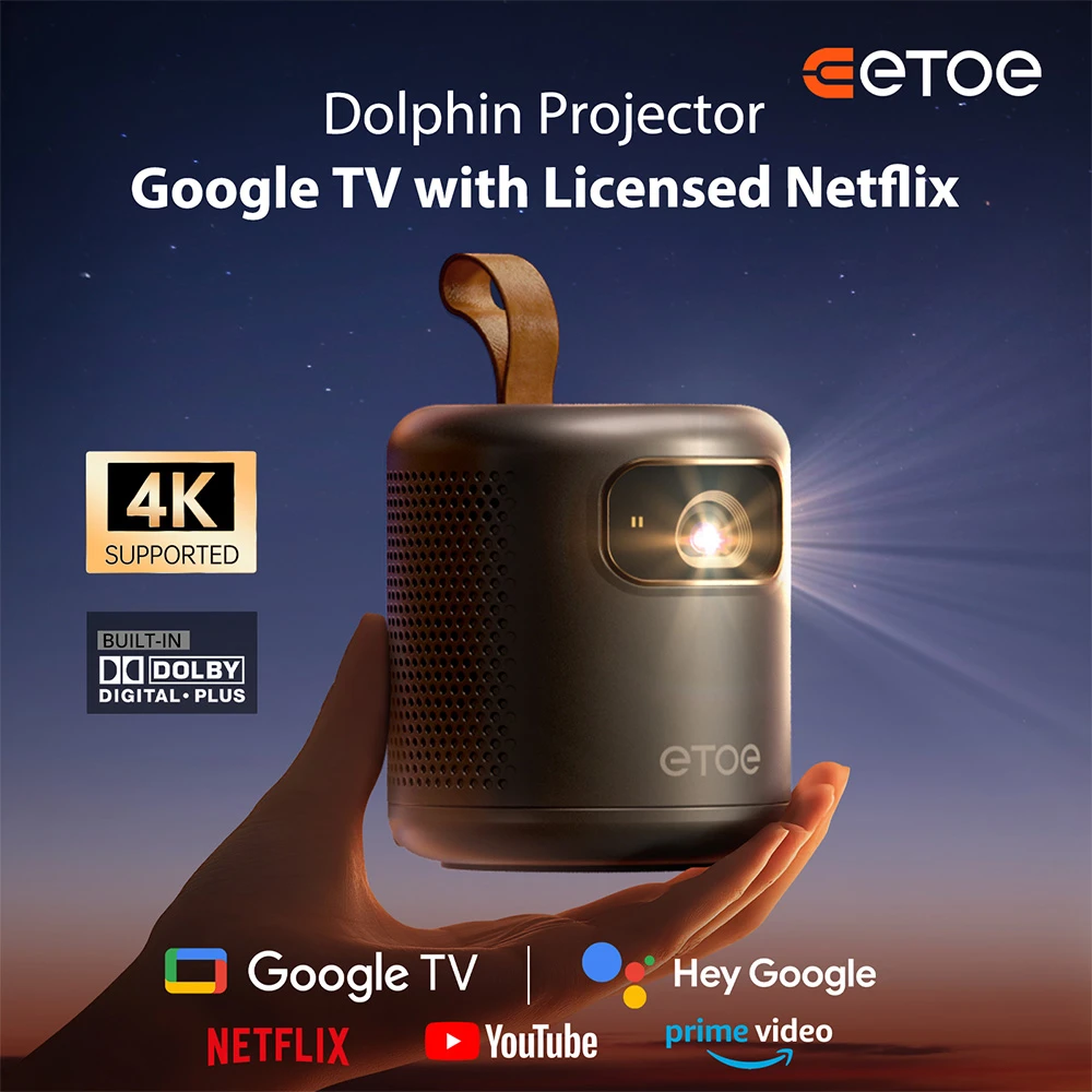 [Google TV Certified] ETOE Dolphin DLP Projector, 500 ANSI Lumens, Native 1080P, 4K UHD Video Decoding, Auto Focus & Keystone, Dual-Band Wi-Fi, Netflix / YouTube / Prime Video Preinstalled