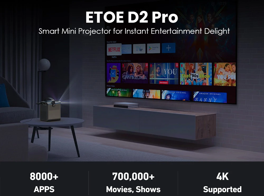 [Netflix & Android TV Certified] ETOE D2 Pro Projector, 300 ANSI, Android TV 10, Native 1080P, Keystone Correction