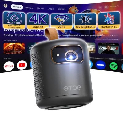 DPL Portable Video Projector 4K Google TV Netflix Official, Mini Video Projector ETOE Whale 500ANSI Full HD 1080P Native, Built-in Battery 2.5H / Ultra Short Range Projection – Black