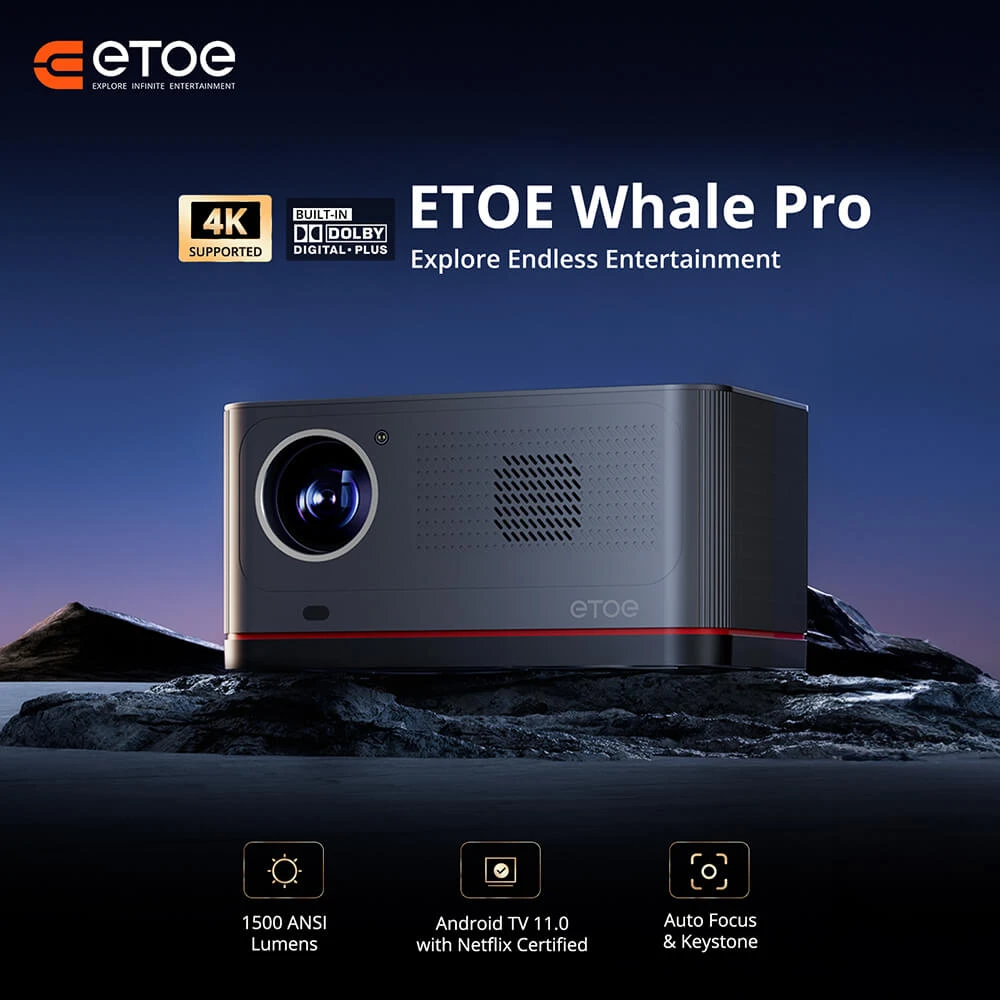 ETOE Whale Pro Android TV Projector, Native 1080P, 1500 ANSI, 4K Decoding, Auto Focus & Auto Keystone Correction