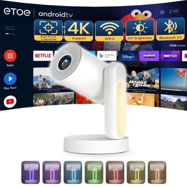 ETOE Starfish Android TV Projector – 1080P Smart Mini Projector with Netflix & YouTube Access, Wi-Fi, Bluetooth