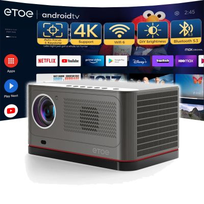 Projecteur TV Etoe Whale Pro – Android, 1080p, 1500 ANSI, Compatible 4K, mise au point auto, 2 haut-parleurs 10W, Wi-Fi dual, + Cadeau