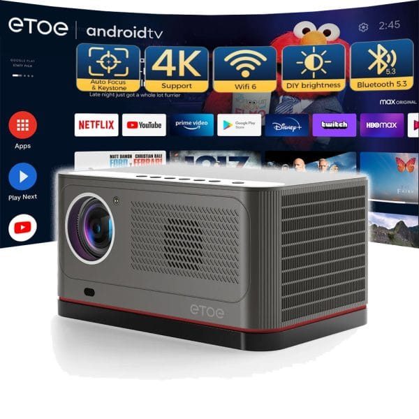 Projecteur TV Etoe Whale Pro - Android, 1080p, 1500 ANSI, Compatible 4K, mise au point auto, 2 haut-parleurs 10W, Wi-Fi dual, + Cadeau